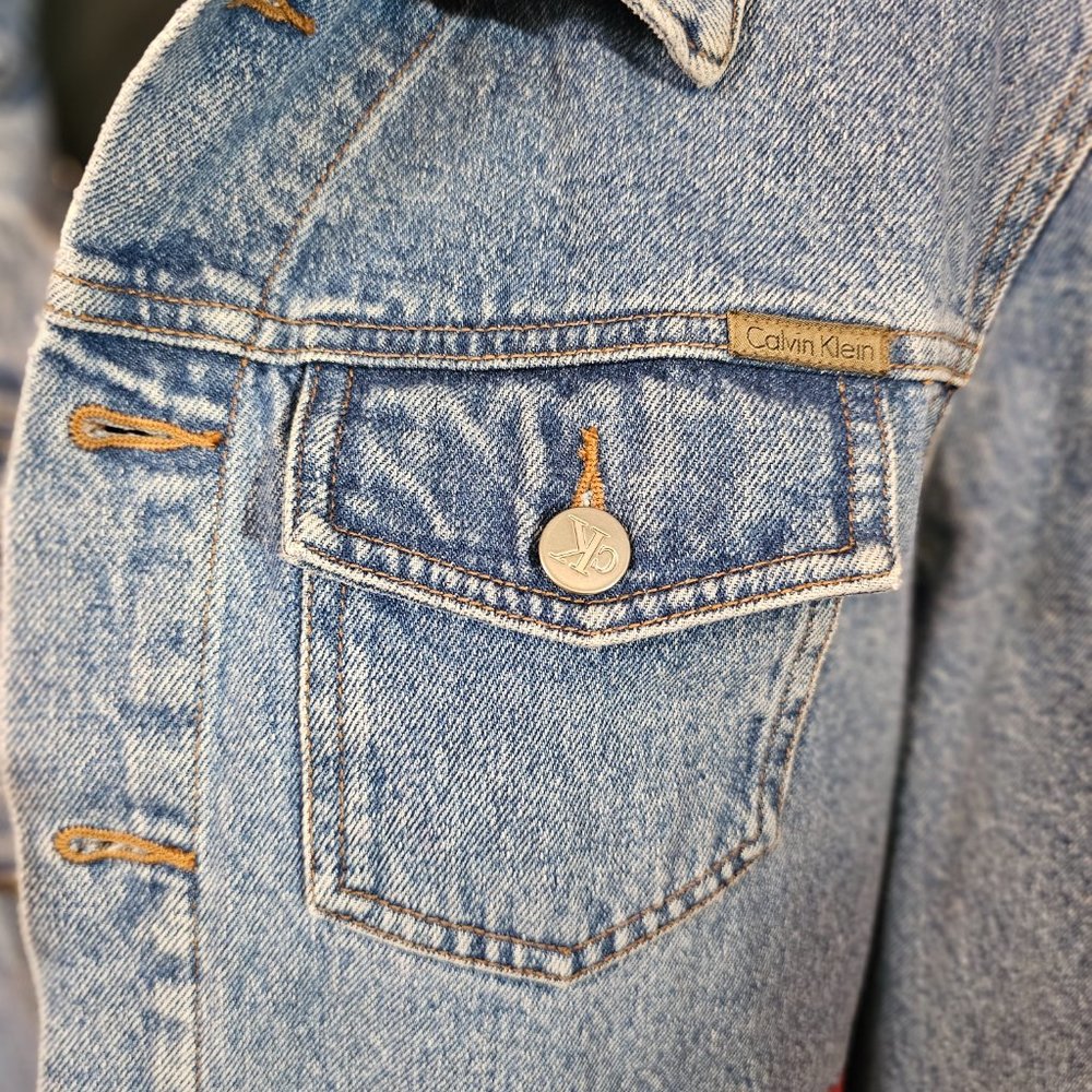 CALVIN KLEIN JEANS Denim Jean Jacket with Red Orange Embroidery 100% Cotton - Picture 12 of 13